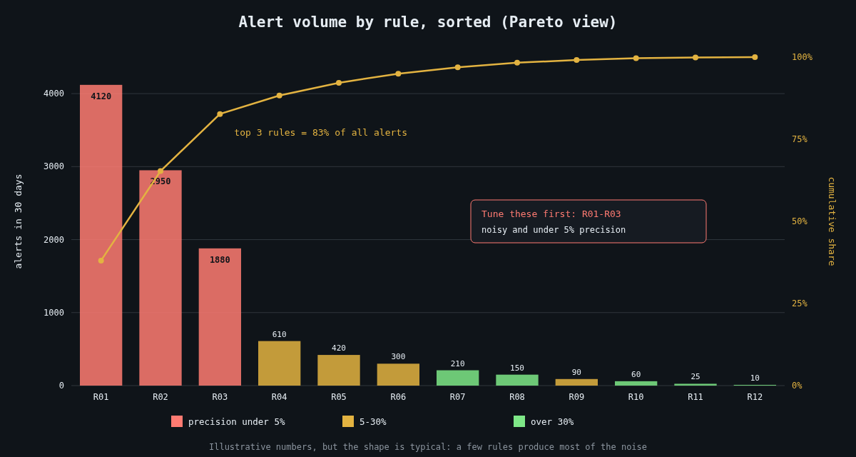 Illustrative Pareto chart of 30-day alert volume by detection rule, coloured by precision